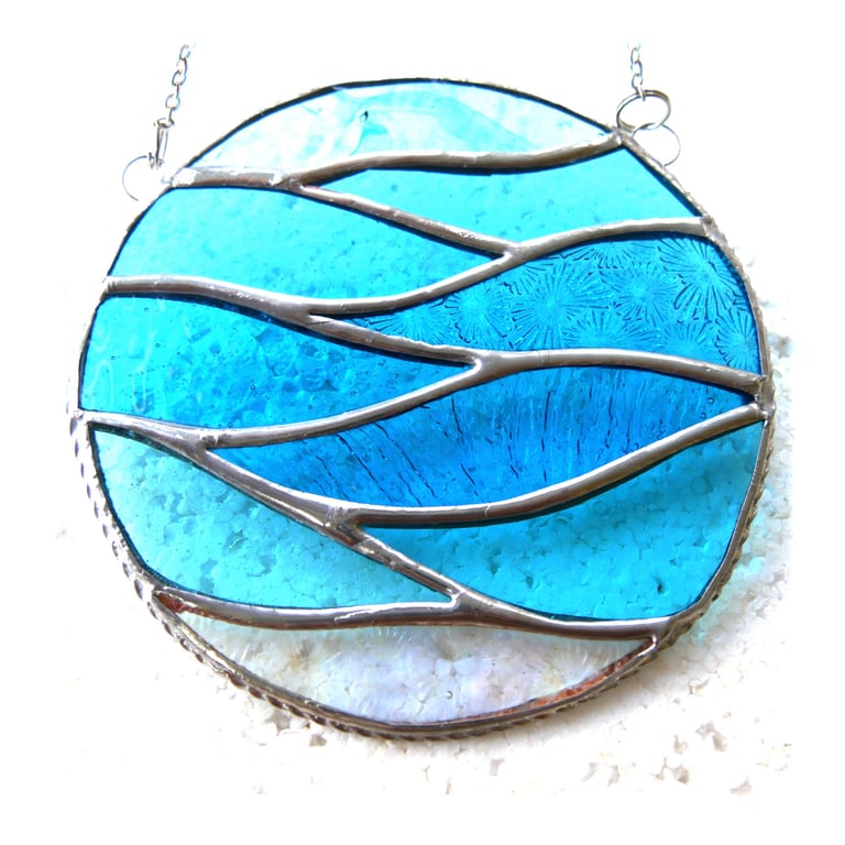 Making Waves Aqua Stained Glass Suncatcher Handmade Ring Sea