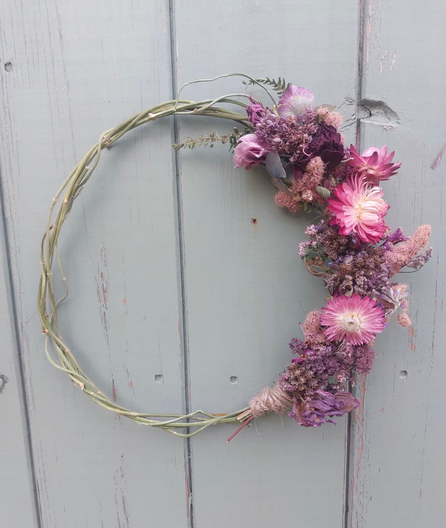 Dried Flower and Foliage Wreath. Handmade. 22cm Wide. Shades of Pink