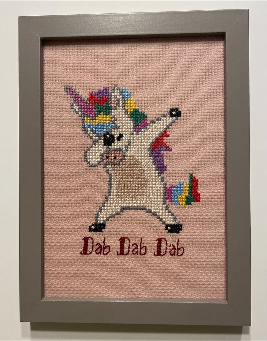 Handmade Framed Cross Stitch – Dabbing Unicorn