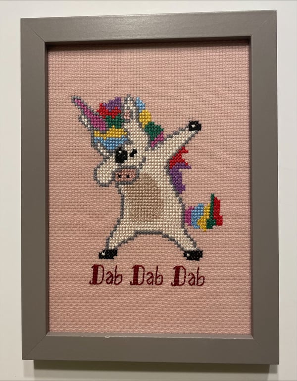 Handmade Framed Cross Stitch – Dabbing Unicorn
