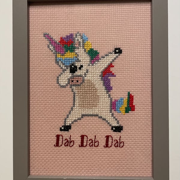 Handmade Framed Cross Stitch – Dabbing Unicorn