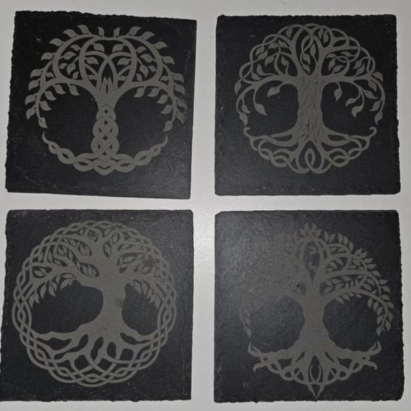 Set of 4 'Celtic tree of life' slate coasters, drinks, gift