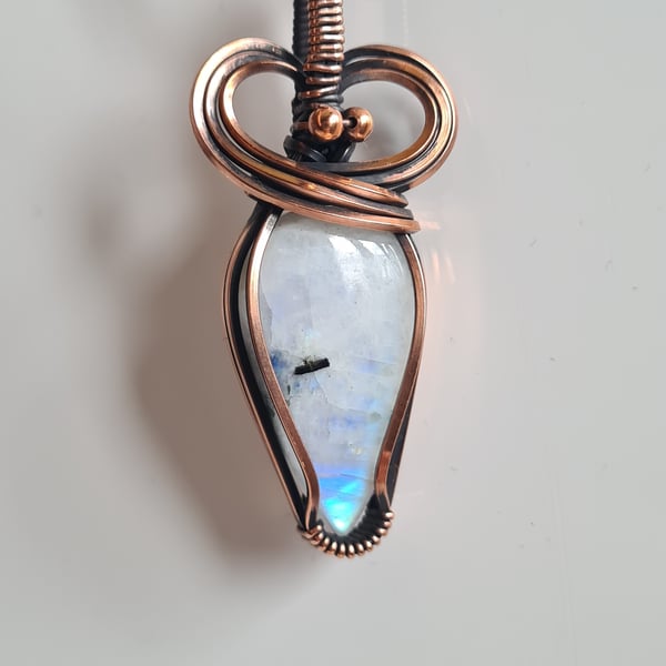 Natural Blue White Rainbow Moonstone & Copper Necklace Gift Crystal Jewellery