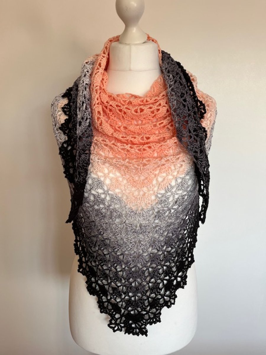 Peach, Grey and Black Crochet Shawl, Boho Shawl, Birthday Gift Idea, Ladies Wrap