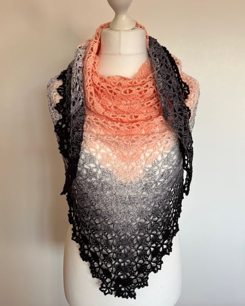 Peach, Grey and Black Crochet Shawl, Boho Shawl, Birthday Gift Idea, Ladies Wrap