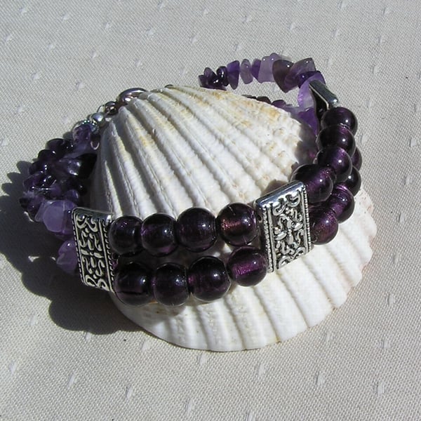 Amethyst & Purple Silver-Foil Beaded Gemstone Bracelet - Sale Price