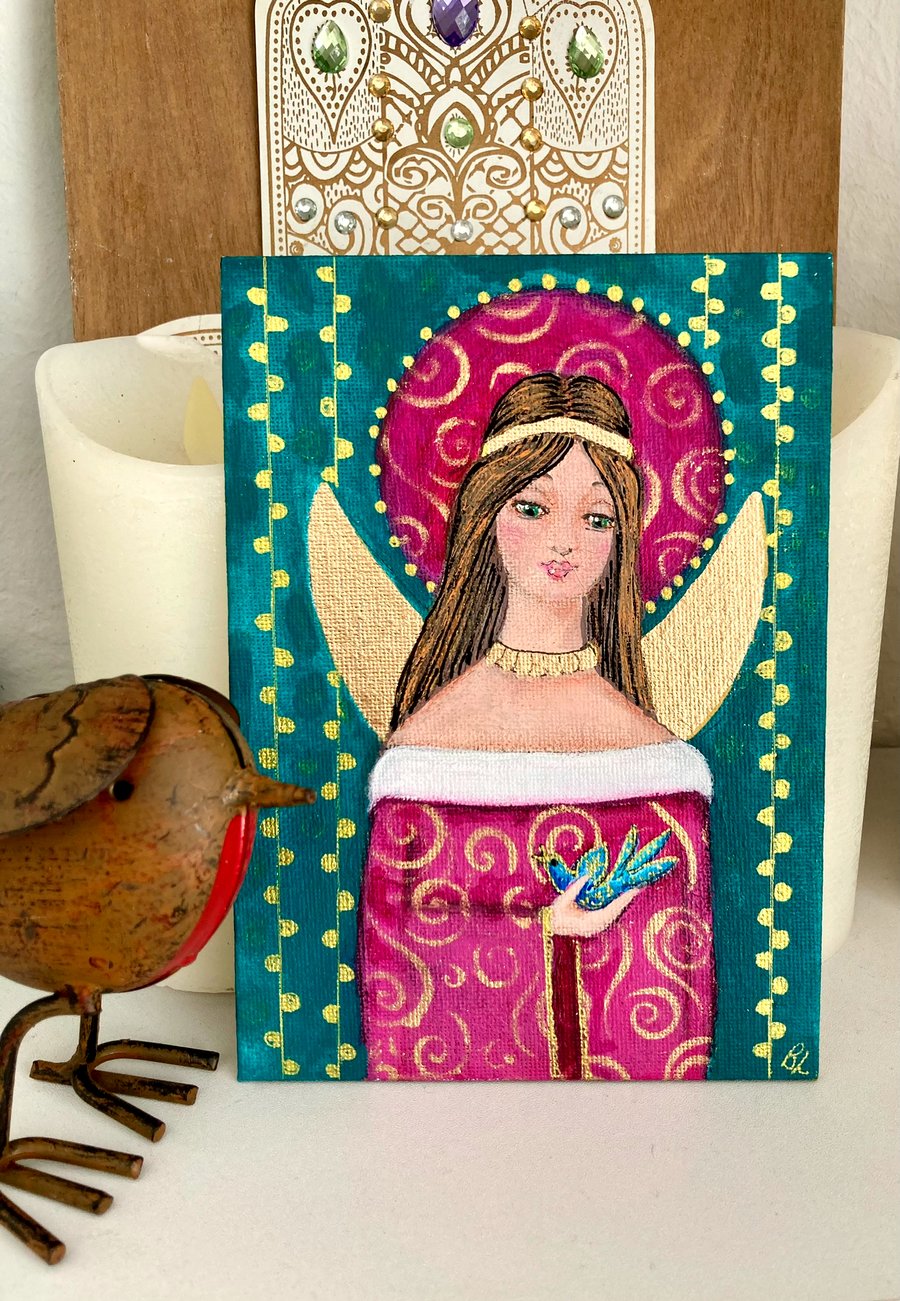 Original Folk Art Angel Painting Acrylic On Board Angel Of Hope