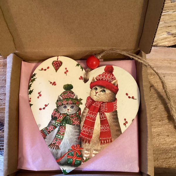 Wooden Heart Winter Cats