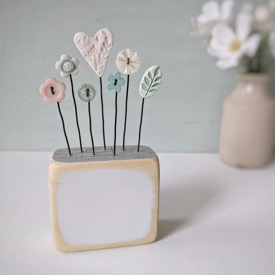 Heart and Button Flowers in a Painted Wood Block Personalised