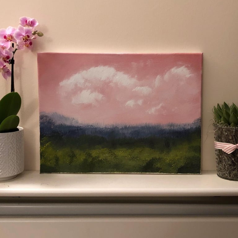 Pink Horizon Oil Painting: Bob Ross Style Wet-on-Wet Landscape (12x16)