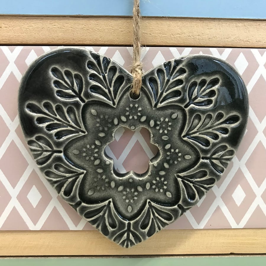 Ceramic heart hanging decoration Pottery Heart Folk art love heart GREY