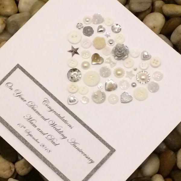 Personalised 25th Silver Wedding Anniversary Card, Handmade Card, Button Card