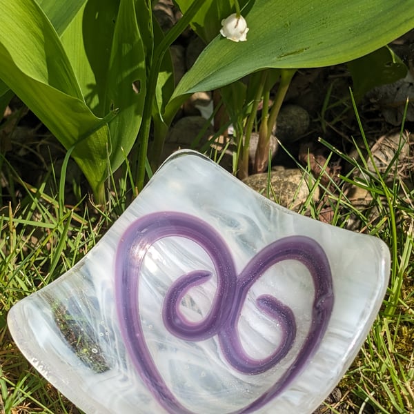 Fused glass mini dish 7.5cm Heart in the clouds