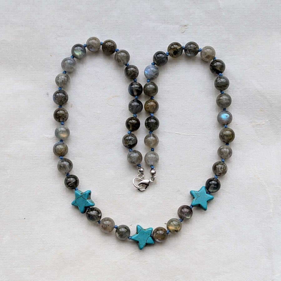 Labradorite and turquoise howlite star knotted cord necklace 