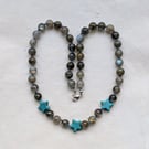 Labradorite and turquoise howlite star knotted cord necklace 