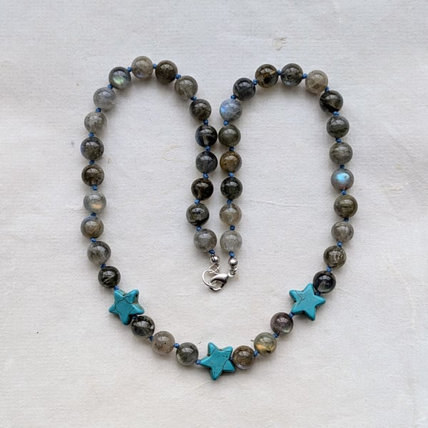 Labradorite and turquoise howlite star knotted cord necklace 