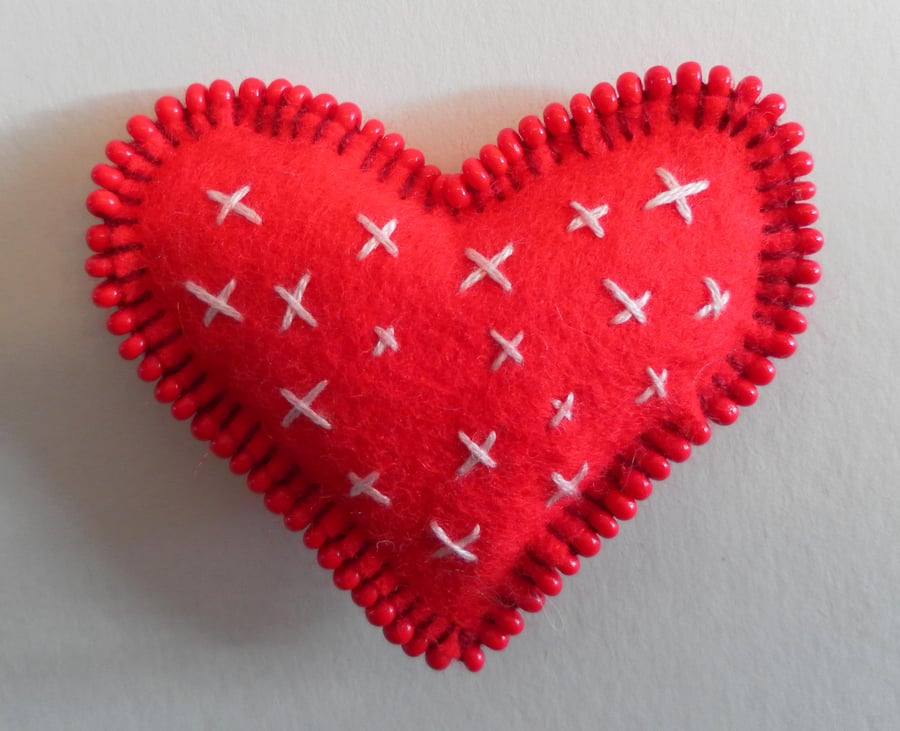  Red Felt Heart Brooch, hand embroidered and beaded, Valentine's Day