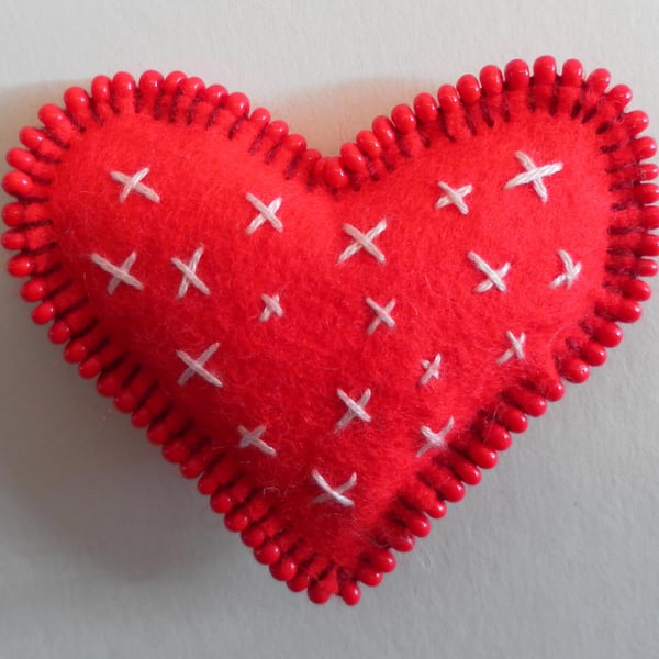  Red Felt Heart Brooch, hand embroidered and beaded, Valentine's Day