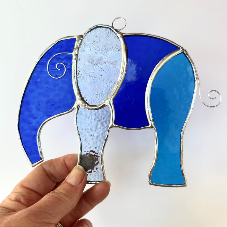Stained Glass Large Elephant Suncatchers - Handmade Hanging Decoration - Blue