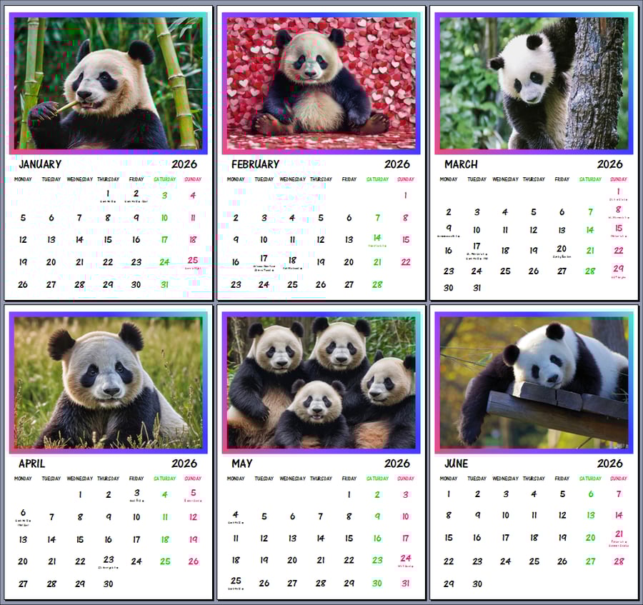 2026 A4 Calendar Pandas Wall Hanging Gift Idea