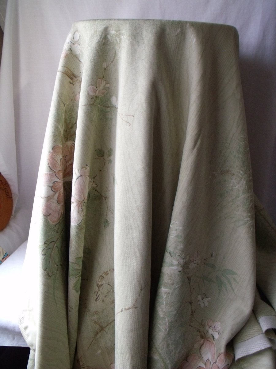 upholstery weight cotton floral fabric, soft furnishing fabric, pale green