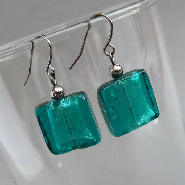 Teal Fused Glass Earrings - Square Drop Earrings - Blue Green Dangly Earrings