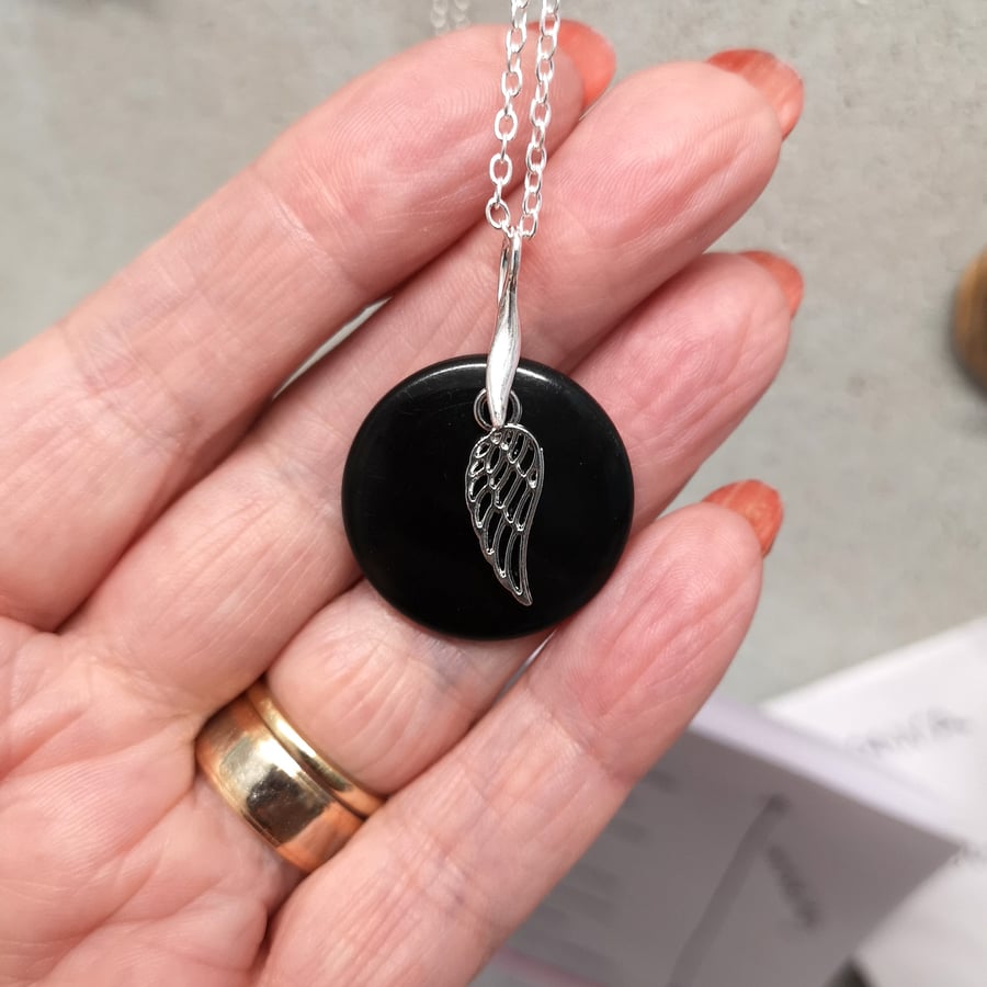 Woodturned Black Acrylic Pendant with Angel wing overlay charm