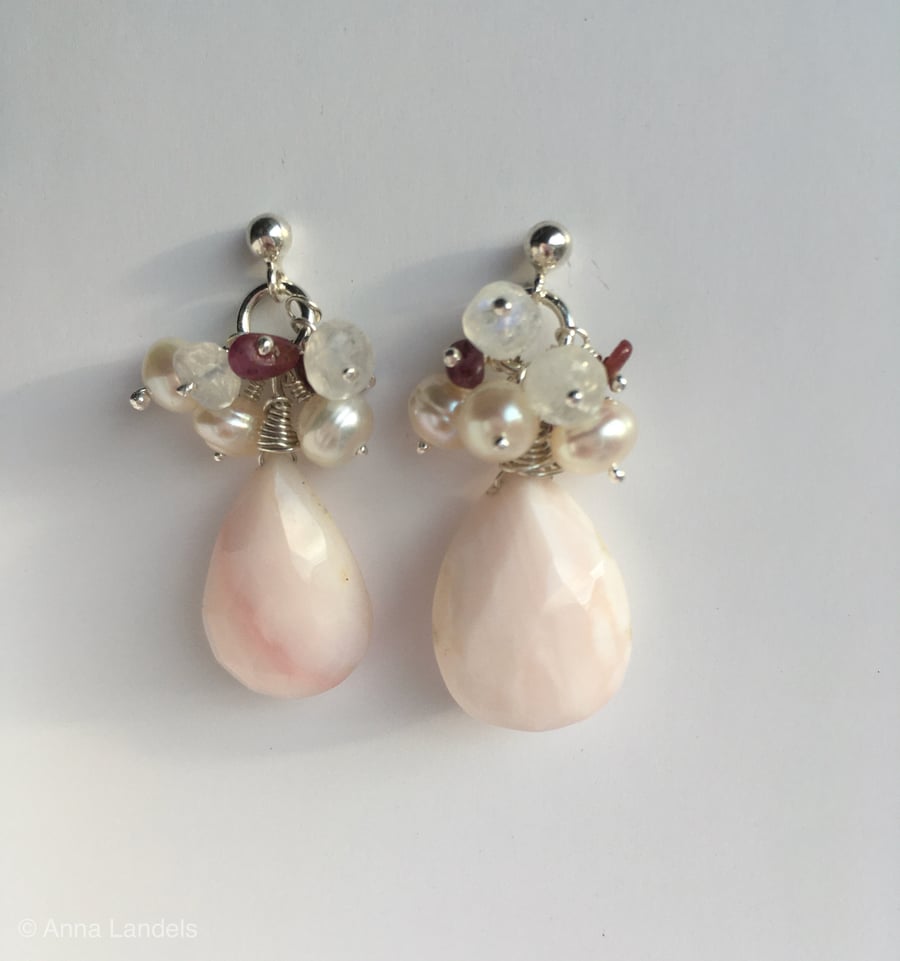 Ruby, Moonstone and Opal earrings - made in Scotland. 