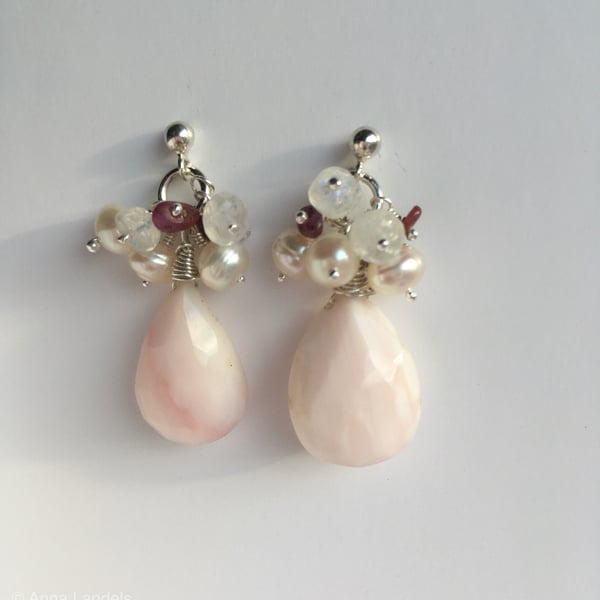 Ruby, Moonstone and Opal earrings - made in Scotland. 