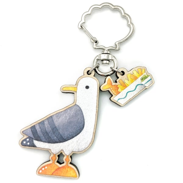 Wooden Keyring - Seagull with Fish and Chips - Maple Wood Seaside Key Chain