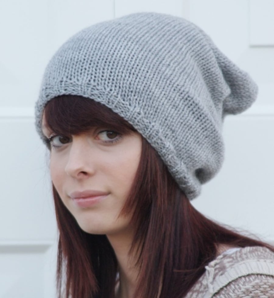 Knitted Mid Grey Oversized Slouchy Beanie Hat