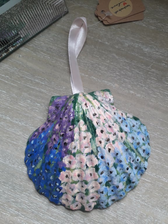 'Delphiniums' handpainted King Scallop Shell Wall Art.  
