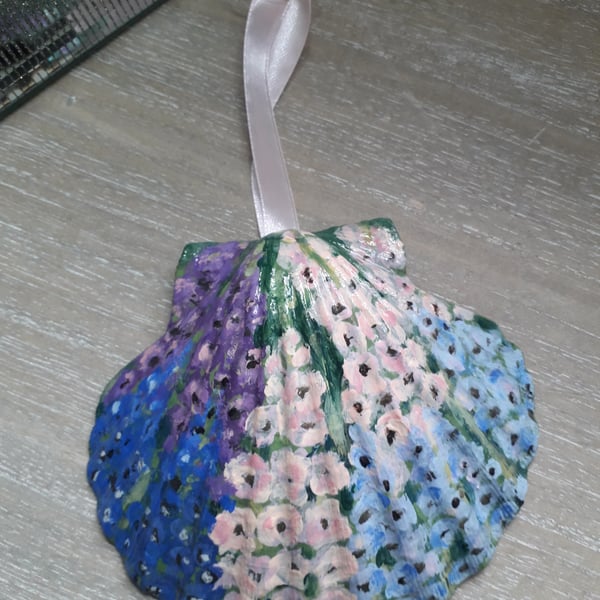 'Delphiniums' handpainted King Scallop Shell Wall Art.  