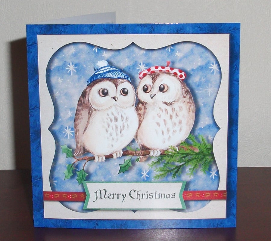 Two cute Owls decoupage Christmas card, with hand cut decoration & glitter