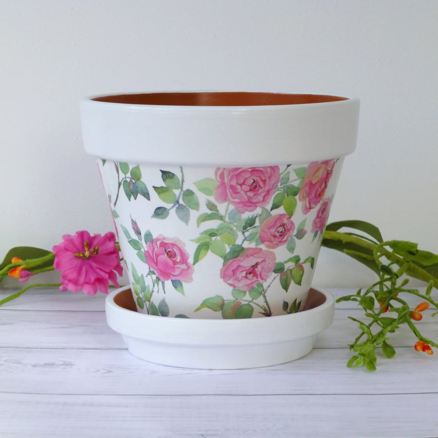 Decoupage Decorated Indoor Plant Pot - Large Rose