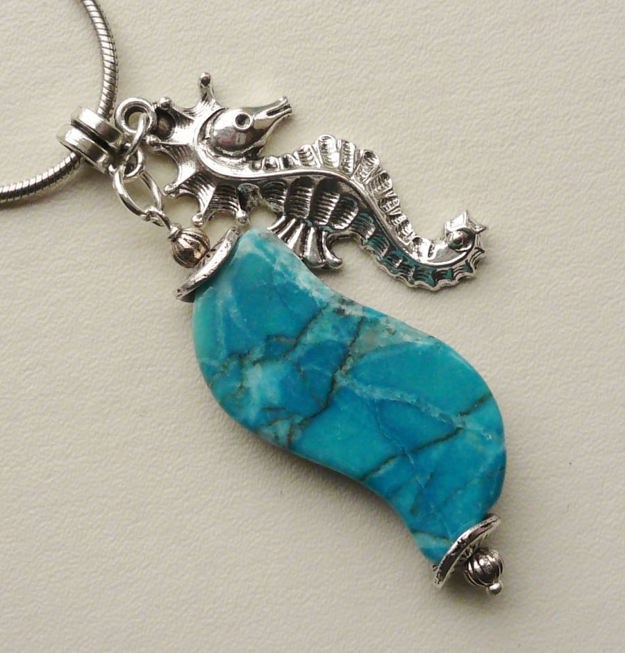 Turquoise Jasper and Tibetan Silver Seahorse Cluster Necklace   KCJ1248