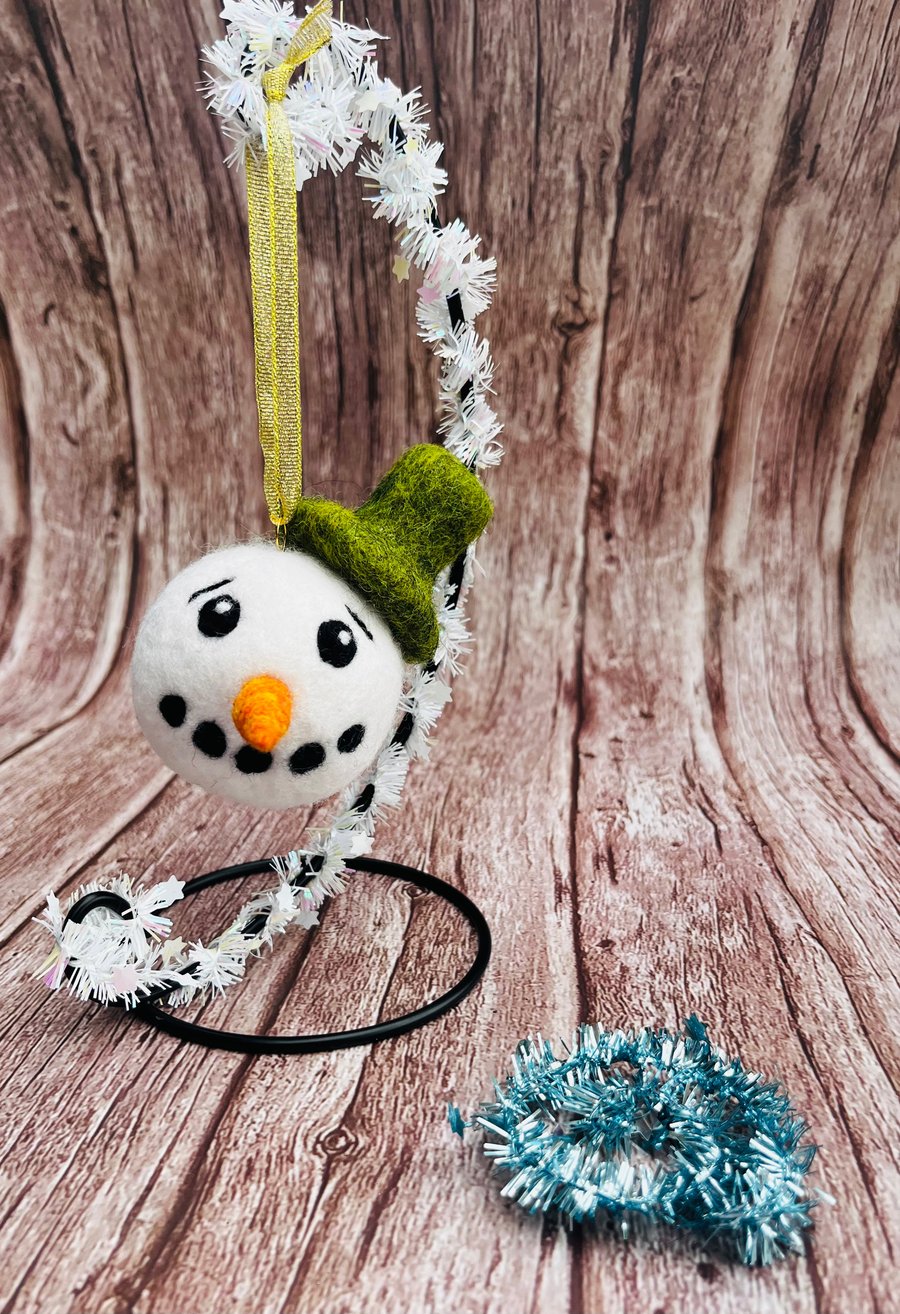 Needle Felted Snowman Bauble with Green Top Hat - hanging Christmas Decoration 