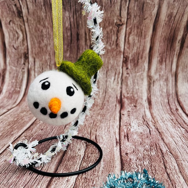 Needle Felted Snowman Bauble with Green Top Hat - hanging Christmas Decoration 
