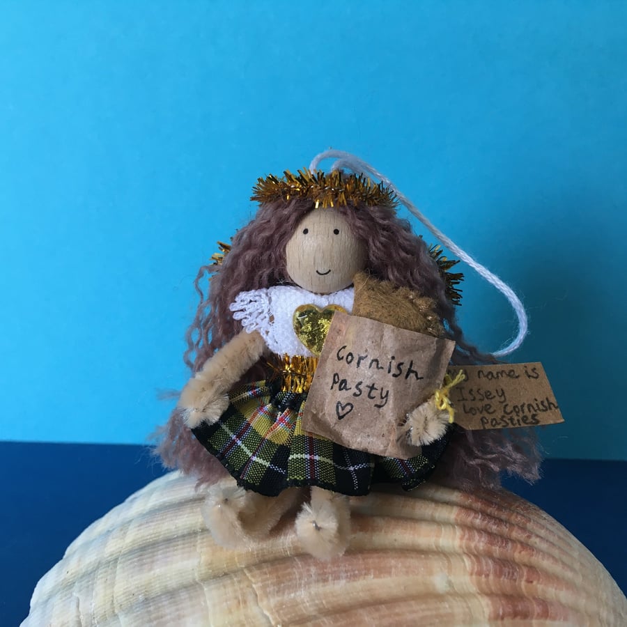 Tiny Cornish Tartan Fairy Doll Decoration, Seaside Decoration, Cornish Pasties