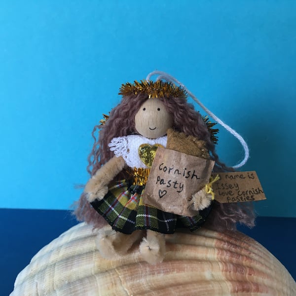 Tiny Cornish Tartan Fairy Doll Decoration, Seaside Decoration, Cornish Pasties