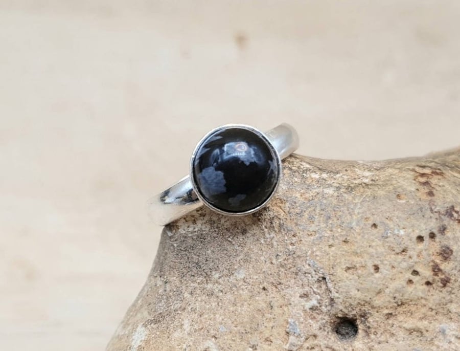Minimalist Adjustable Snowflake Obsidian ring. Sterling silver. Virgo jewellery