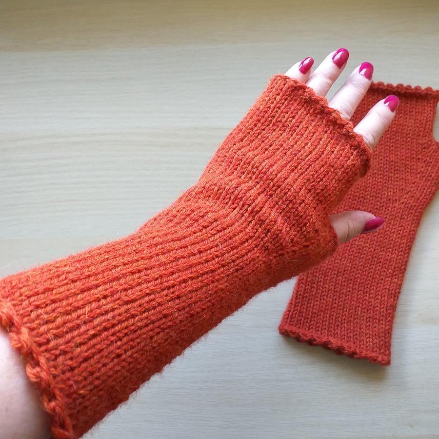 Knitted Fingerless Gloves, Alpaca & Wool Mix Yarn, Russet Wrist Warmers