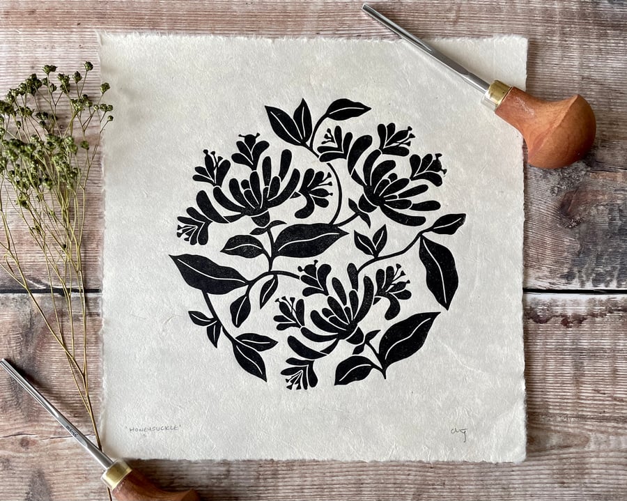 Honeysuckle lino print, in black, June birth flower