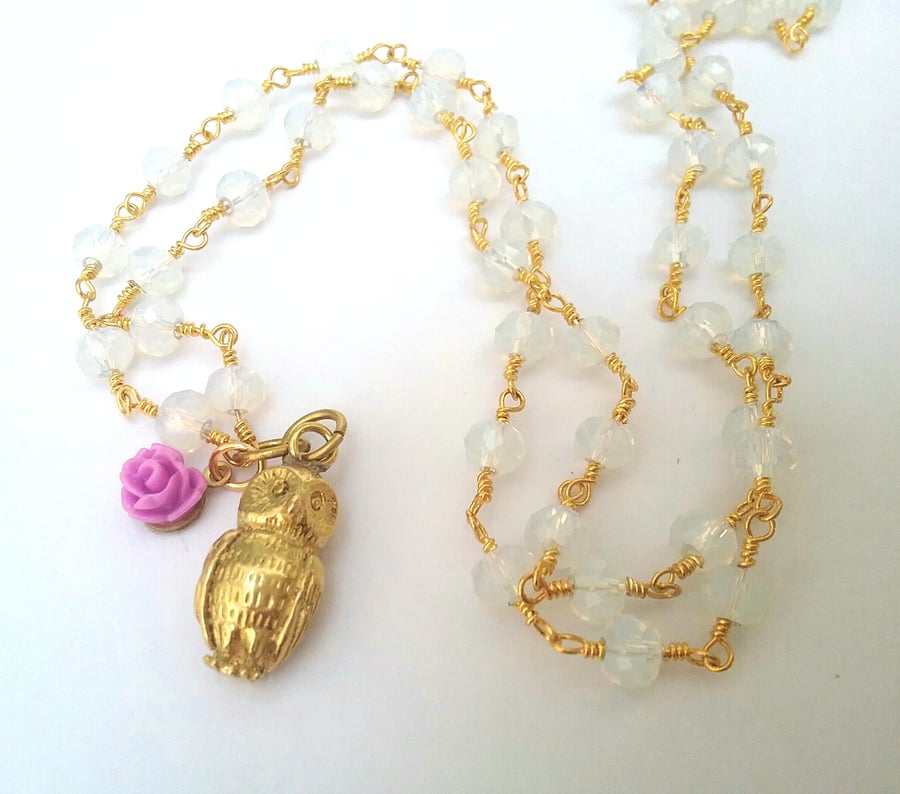 Beaded Solid Brass Owl Necklac