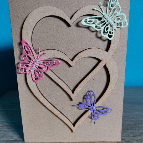Double heart butterfly luxury handmade greeting card 