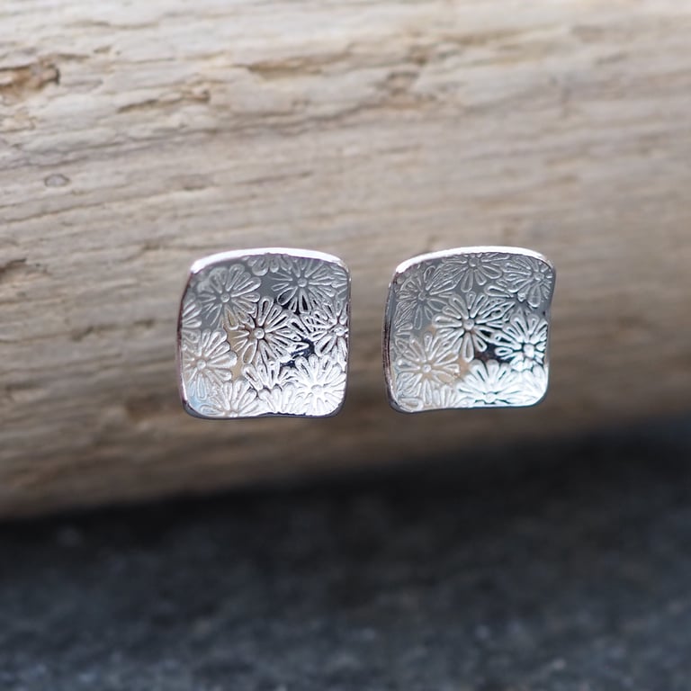 Studs, Sterling Silver Square Flower Stud Earrings, Daisy Design. 