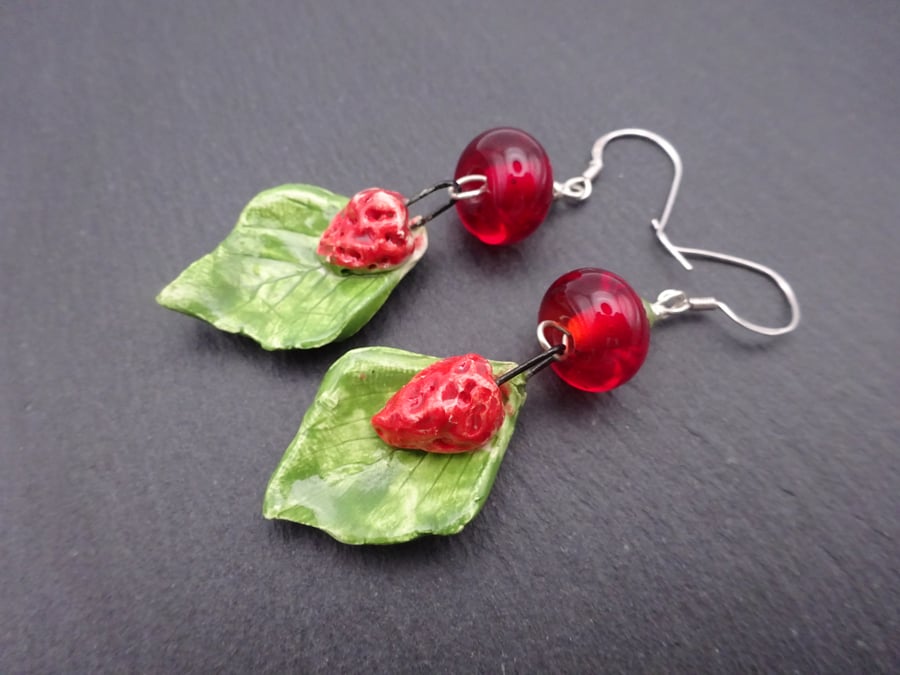red lampwork glass and ceramic strawberry earrings