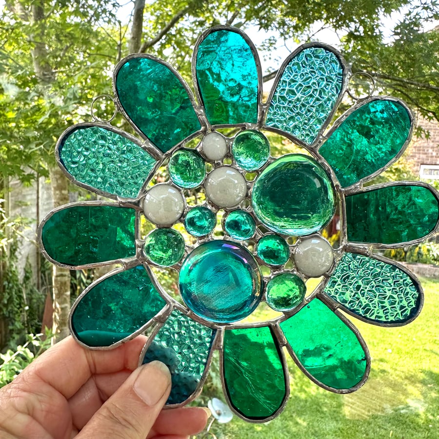 Stained Glass Bead Daisy Suncatcher - Daisy - Handmade Window Decoration - Turq