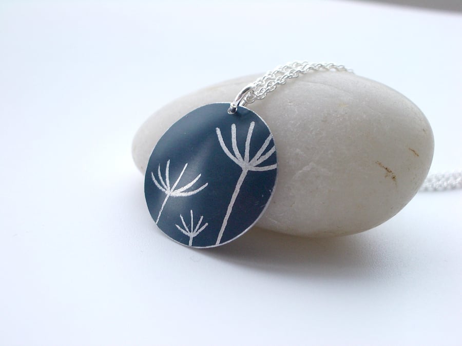 Dandelion seed pendant necklace in black and silver