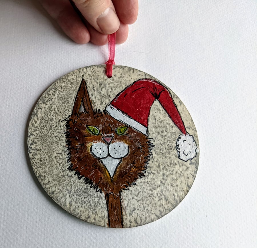 Christmas decoration, santa cat, Maine Coon, cat, wooden, handpainted decoration